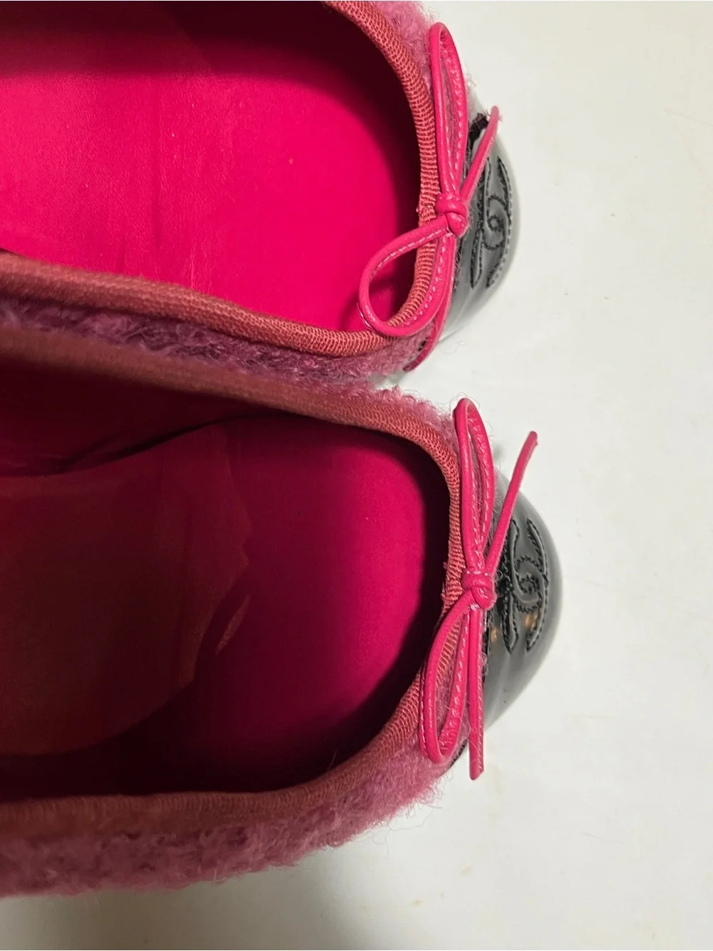 CHANEL Pink Bouclé Ballet Flats with Black Patent Cap Toe